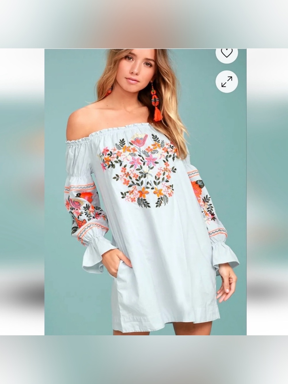 Free People Off-the-Shoulder Light Blue Floral Embroidered Mini Dress